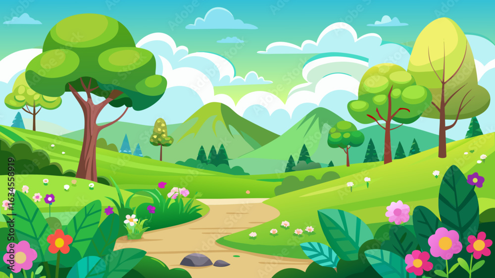 Naklejka premium Vector art of vibrant cartoon landscape with rolling green hills, colorful flowers, and lush trees under a bright blue sky with fluffy clouds, evoking a sense of natural beauty and tranquility