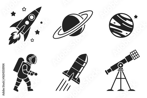 Space Exploration Icons Rockets Astronaut Planets Telescope.
