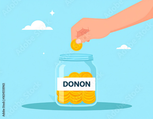 A hand placing a coin into a glass jar labeled "DONON" for charitable giving.