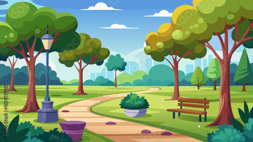 Vector art of a vibrant park setting featuring curving pathways, mature trees, a solitary bench, and a classic streetlamp under a bright blue sky with fluffy clouds