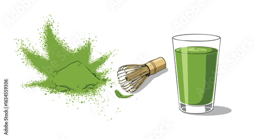 Vector Illustration of Matcha Powder Whisk and Green Juice in Modern Minimalist Style