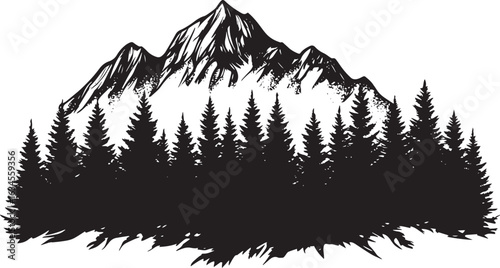 Simple and elegant black vector design of a mountain with forest silhouette.