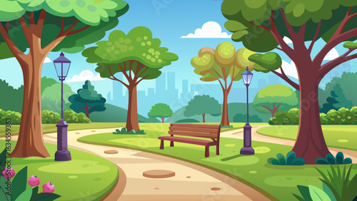 Vector art of an idyllic park vista showcasing meandering paths, abundant trees, a welcoming bench, and two ornate streetlamps against a backdrop of distant city buildings