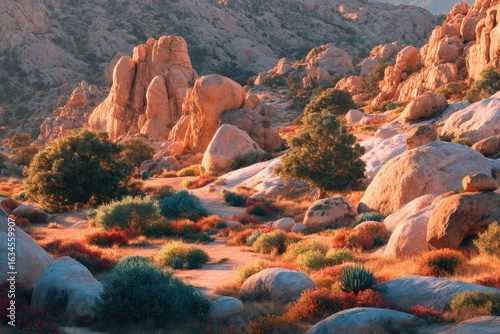 Rocky desert landscape bathed in golden light