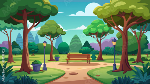 Vector art of a serene park scene with a wooden bench, surrounded by lush green trees, lampposts, and winding pathways under a bright blue sky with fluffy clouds