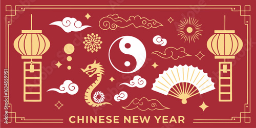 Isolated traditional Chinese New Year illustration, red background, cultural elements, yin yang symbol, lanterns, fireworks, dragons, calligraphy, ornate geometric design, festive celebration layout