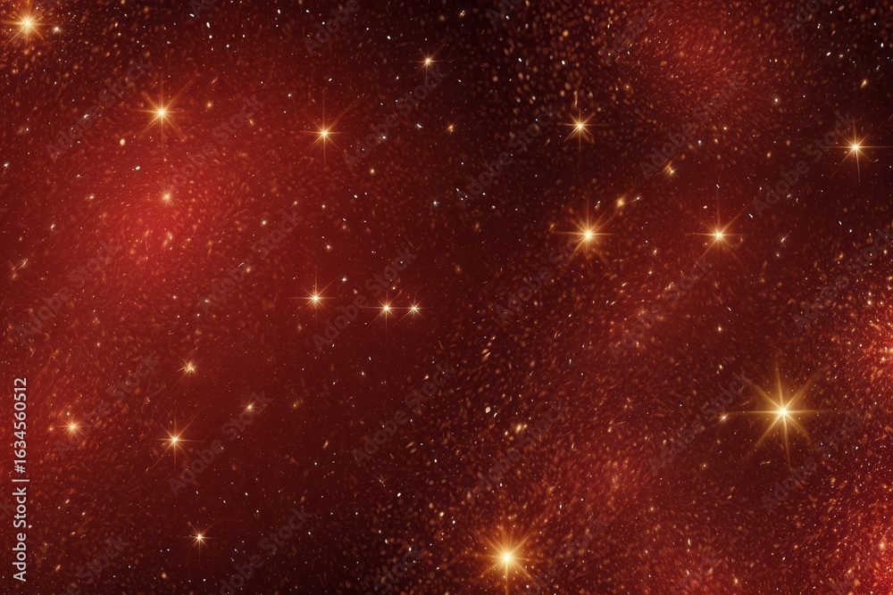 Fototapeta premium Red christmas glitter background with stars. Festive glowing blurred texture