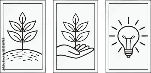 Three panel illustration showcasing business growth innovation and forward momentum with diverse color elements