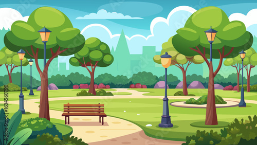Vector art of an inviting cartoon park featuring numerous trees, a central path, a bench, and multiple lampposts, creating a pleasant outdoor atmosphere