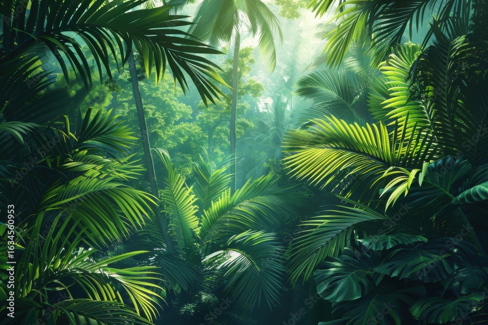 Fototapeta premium Tropical Rainforest Landscape background. Tropical jungle palms, trees and plants
