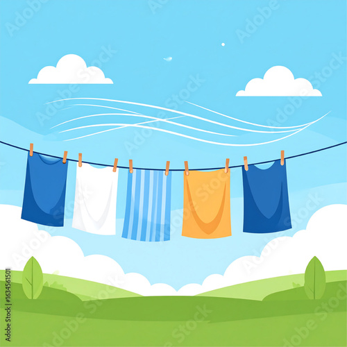 Colorful clothes hanging on a clothesline outdoors under a clear blue sky.
