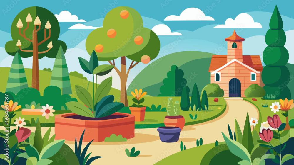 Fototapeta premium Vector art of a picturesque cartoon landscape showcasing a beautiful garden with fruit trees, blooming flowers, and a quaint village church in the background