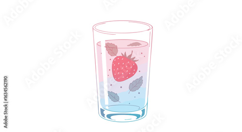 Minimalist Vector Illustration of a Glass of Water with Strawberry and Mint Leaves in Organic Style with Soft Pink and Blue Colors