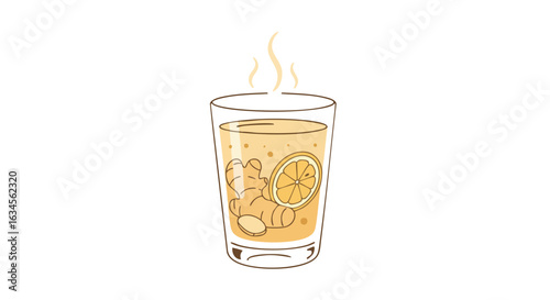 Minimalist Vector Illustration of Hot Ginger Lemon Tea in Glass in Abstract Style with Warm Beige and Light Brown Colors