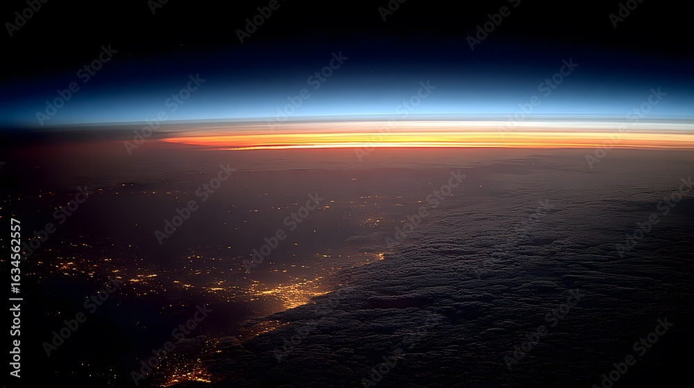 Fototapeta premium Aerial view shows horizon with orange glow above dark clouds and city lights.