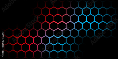 Abstract dark hexagon pattern on red neon background technology style. Modern futuristic geometric shape web banner design. You can use for cover template, poster, flyer, print ad. Vector illustration