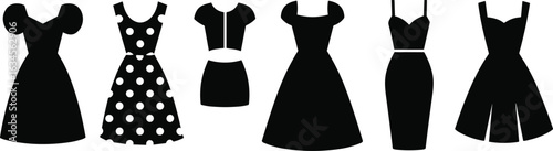 A diverse collection of stylish and elegant black dress silhouettes for women, including polka dot, two-piece, and various necklines and sleeves, for Adobe Stock.