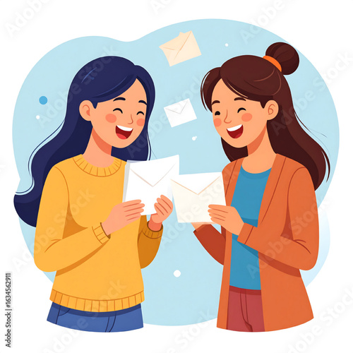 Two smiling women holding envelopes, with floating letters in the background.
