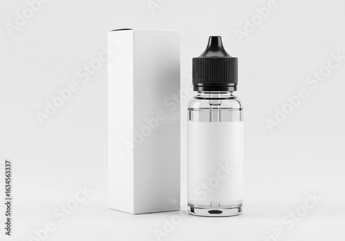 A clear glass bottle with a black dropper cap and a white label next to a white box on a white surface