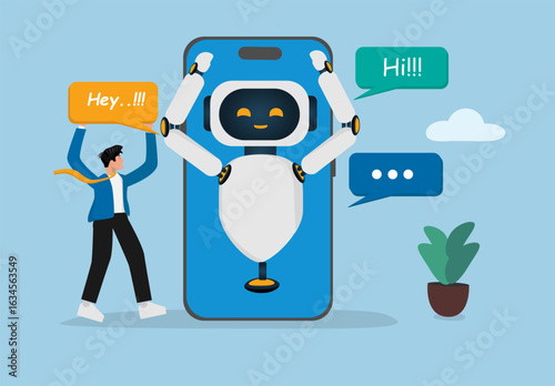 Artificial Intelligence Robot Communication with Human Through Smartphone Technology in Modern Flat Design Concept.