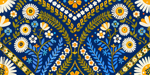 Vibrant folk art floral pattern on deep blue background