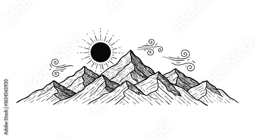 Minimalist Vector Illustration of Mountain Range with Sun and Cloud Elements in Black and White Style