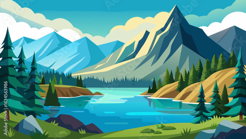 Vector art of vibrant stylized illustration of a serene mountain lake surrounded by pine forests under a bright blue sky with fluffy clouds, showcasing natural beauty and tranquility