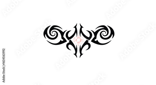 Vector Tribal Pattern in Black with Symmetrical Swirls and Red Accent in Modern Geometric Style