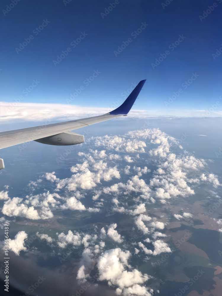 Obraz premium Airplane wing flying above clouds with blue sky view from window