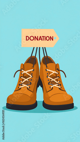 A pair of brown leather boots hangs with a "Donation" tag, symbolizing charitable giving of used clothing.