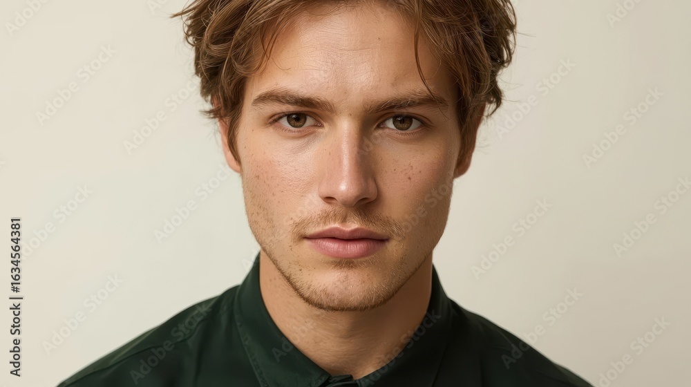 Obraz premium Close up portrait of a young man with light brown hair and brown eyes wearing a dark green shirt