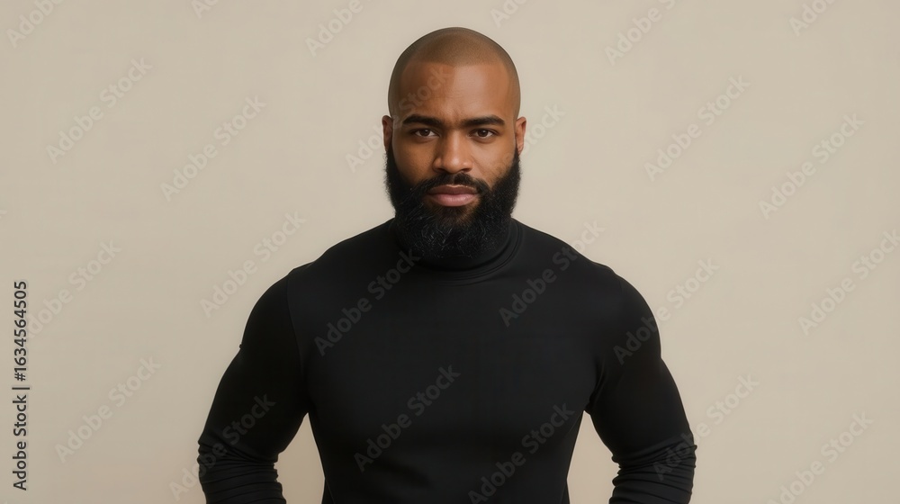 Obraz premium A man with a beard and bald head wearing a black turtleneck sweater looking directly at the camera
