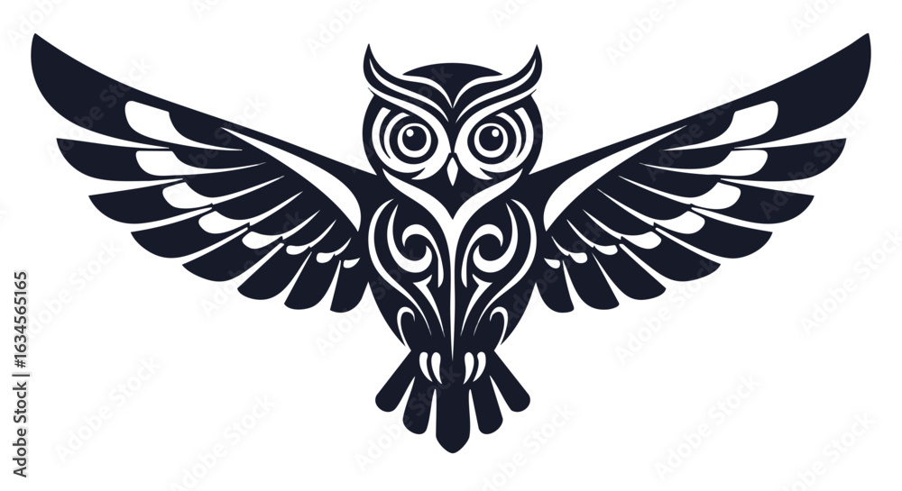 Obraz premium Vector Illustration of Stylized Owl with Tribal Elements in Monochrome Black in Modern Geometric Style