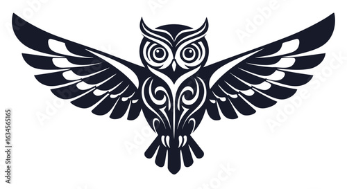 Vector Illustration of Stylized Owl with Tribal Elements in Monochrome Black in Modern Geometric Style