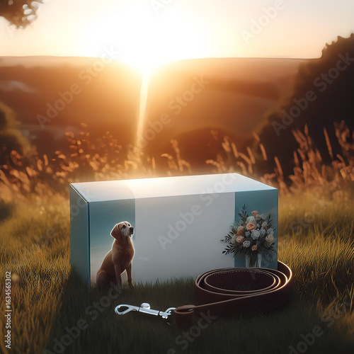Dog Memorial Box and Leash at Sunset in a Serene Outdoor Setting.