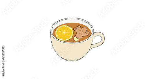 Minimalist Vector Illustration of Hot Tea Cup with Lemon and Ginger in Modern Style