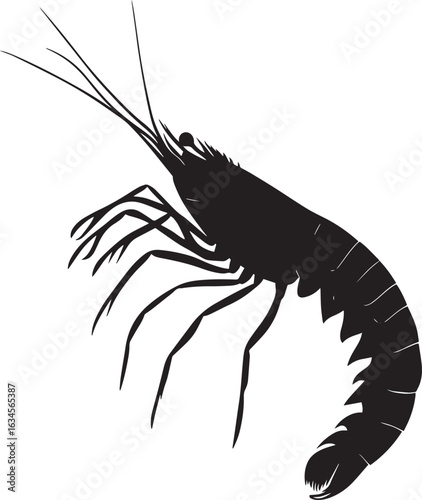 Shrimp in Motion Body advancing with legs extended, moving steadily forward in a walking motion. Full-length silhouette black vector design.