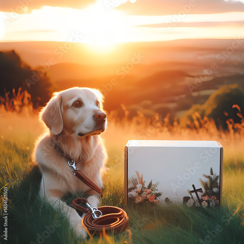 Golden Retriever in Scenic Field During Sunset near Decorated Box.