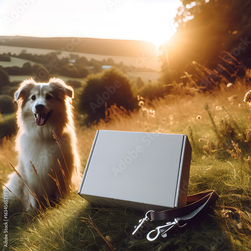 Happy Dog in Sunrise Field Next to Box and Leash.