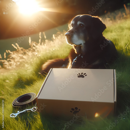 Happy Dog Relaxing Outdoors With Gift Box and Leash at Sunset.