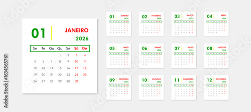 Colorful portuguese calendar for 2026. Large month of January on left, thumbnails of all months on right, Monday week start