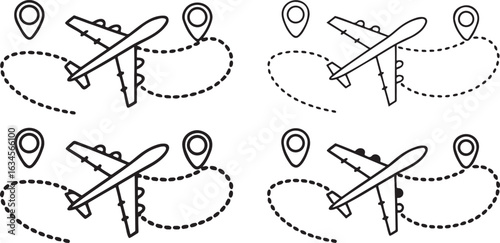 Isolated black airplane with dotted route, curved and straight flight path, abstract air travel icon, minimal vector symbol, clean dashed line design for aviation, white background layout
