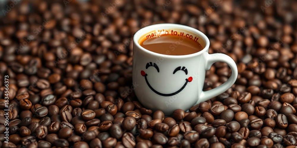 Fototapeta premium Cheerful coffee cup with a smiling face amidst a scattering of coffee beans, cheerful, beverage