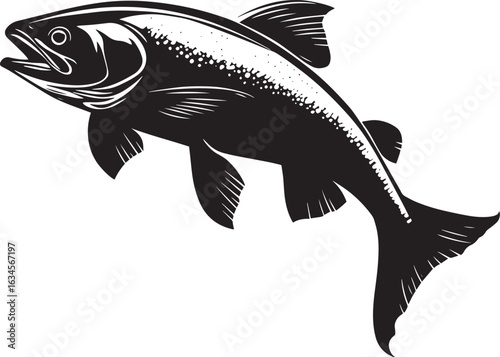 Trout changing direction body mid-turn, fins angled, and head oriented towards the new path in a full-length silhouette.