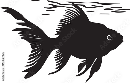 Goldfish Basking Floating near the surface of the water with body angled toward light. full length silhouette black vector illustration