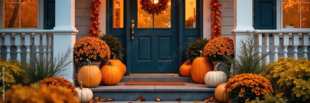 Obraz premium A charming autumnal front porch display featuring pumpkins, gourds, fall foliage, and warm lighting creates a welcoming ambiance Perfect for seasonal home decor inspiration , welcome, home, natural
