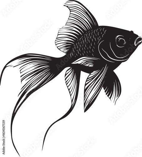 Goldfish Turning Body mid-turn with fins angled and head facing the new direction. full length silhouette black vector illustration