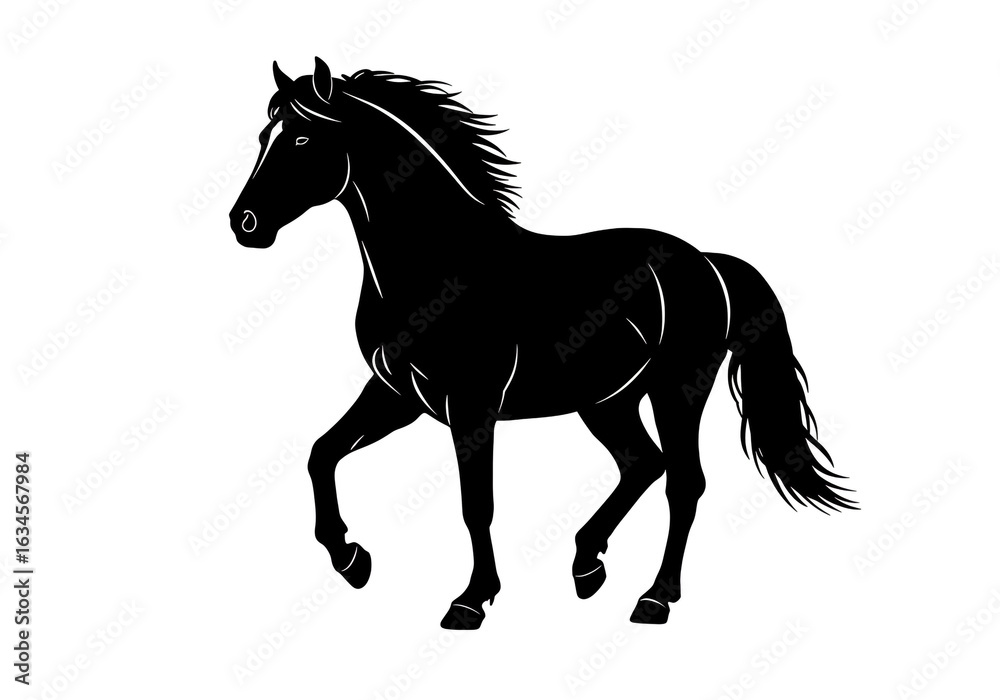Fototapeta premium Silhouette of a black horse with flowing mane and tail in a prancing pose on a white background
