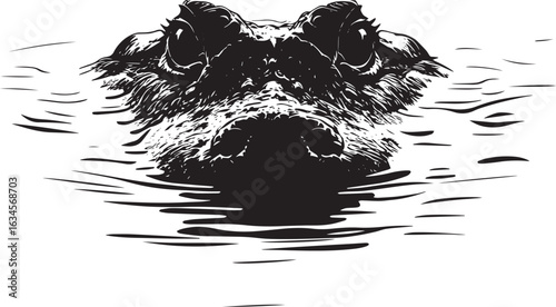 Crocodile Hunting Body low in the water with eyes and nose above the surface tail still. full length silhouette black vector illustration