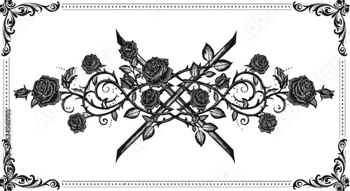 Vintage Ornamental Vector Pattern with Roses and Decorative Flourishes in Black and White Style